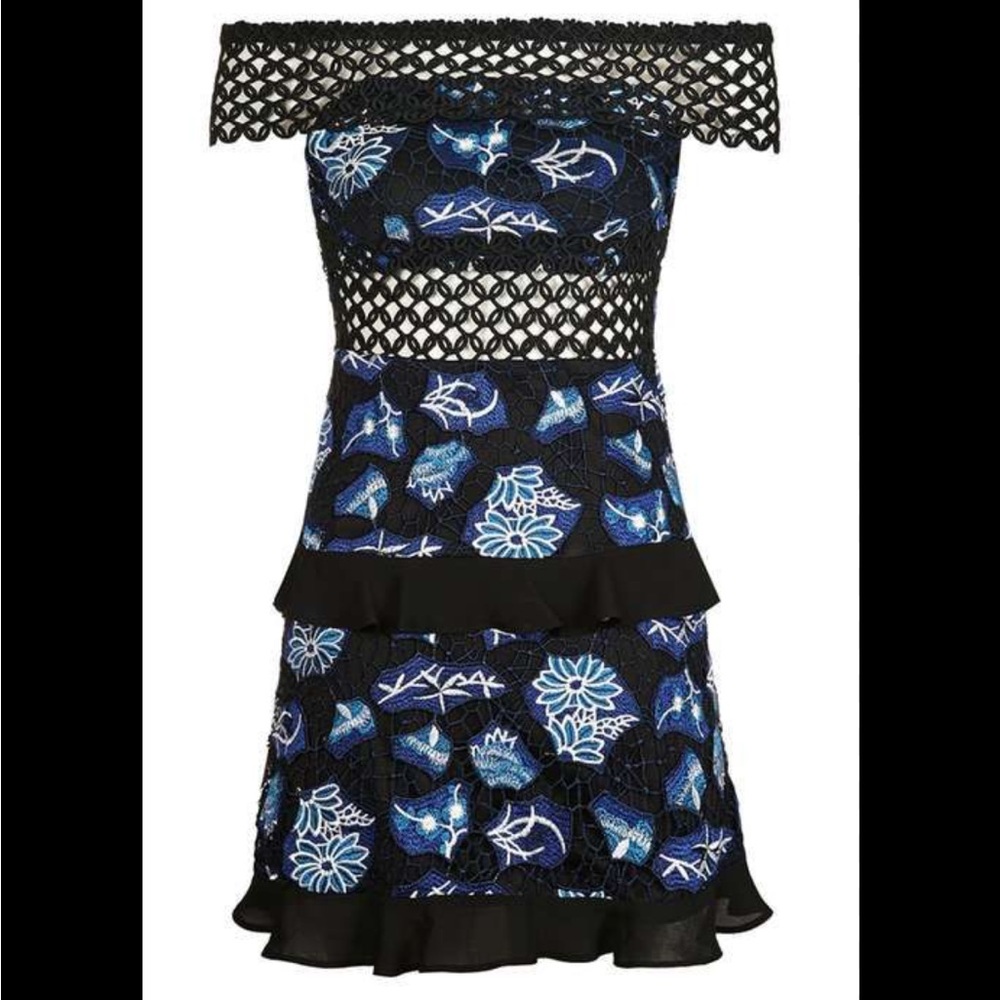 Topshop Off the Shoulder ruffle embroidered mini dress